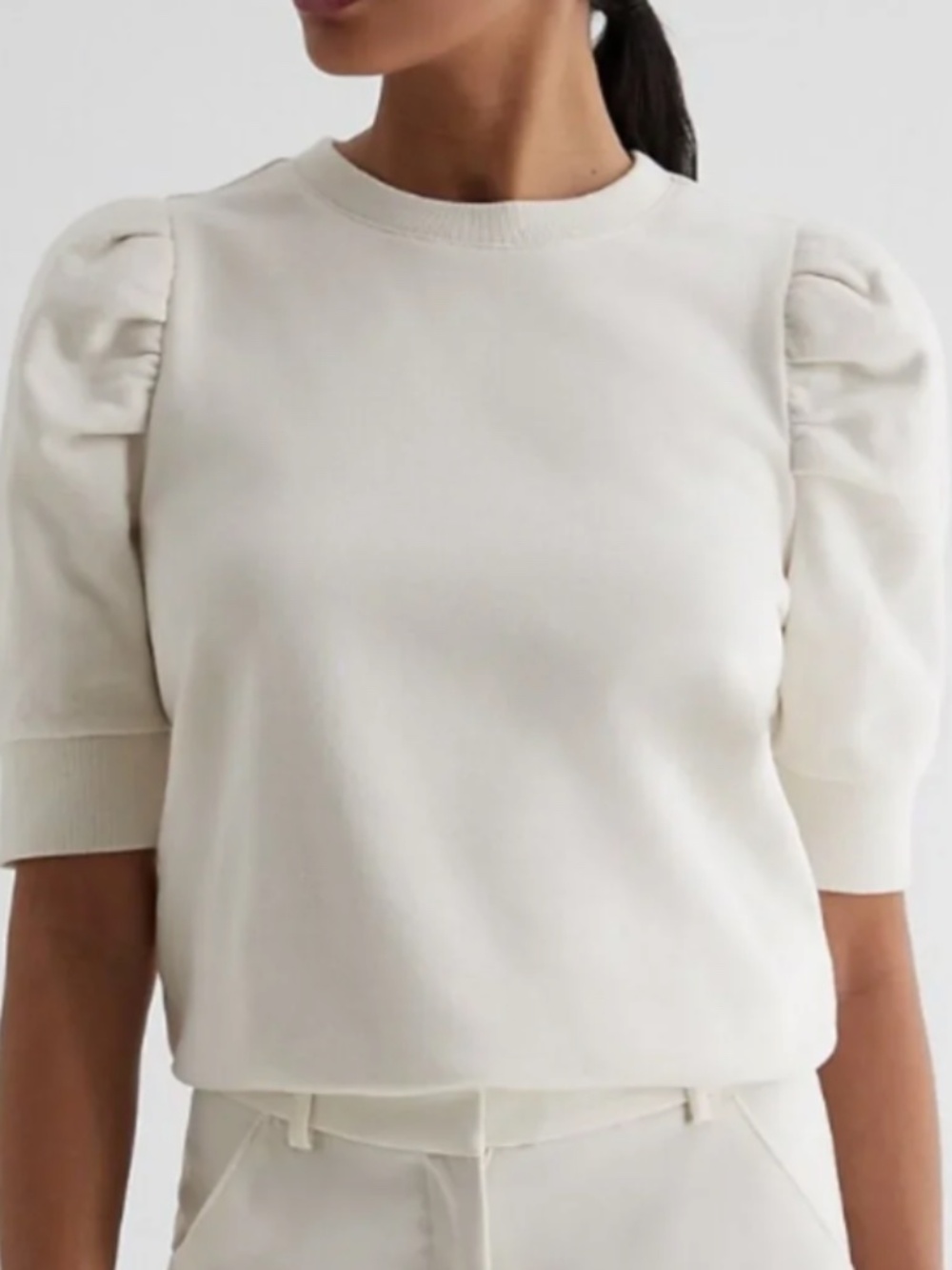 Express crew neck short puff sleeve cream fleece sweatshirt - Small
